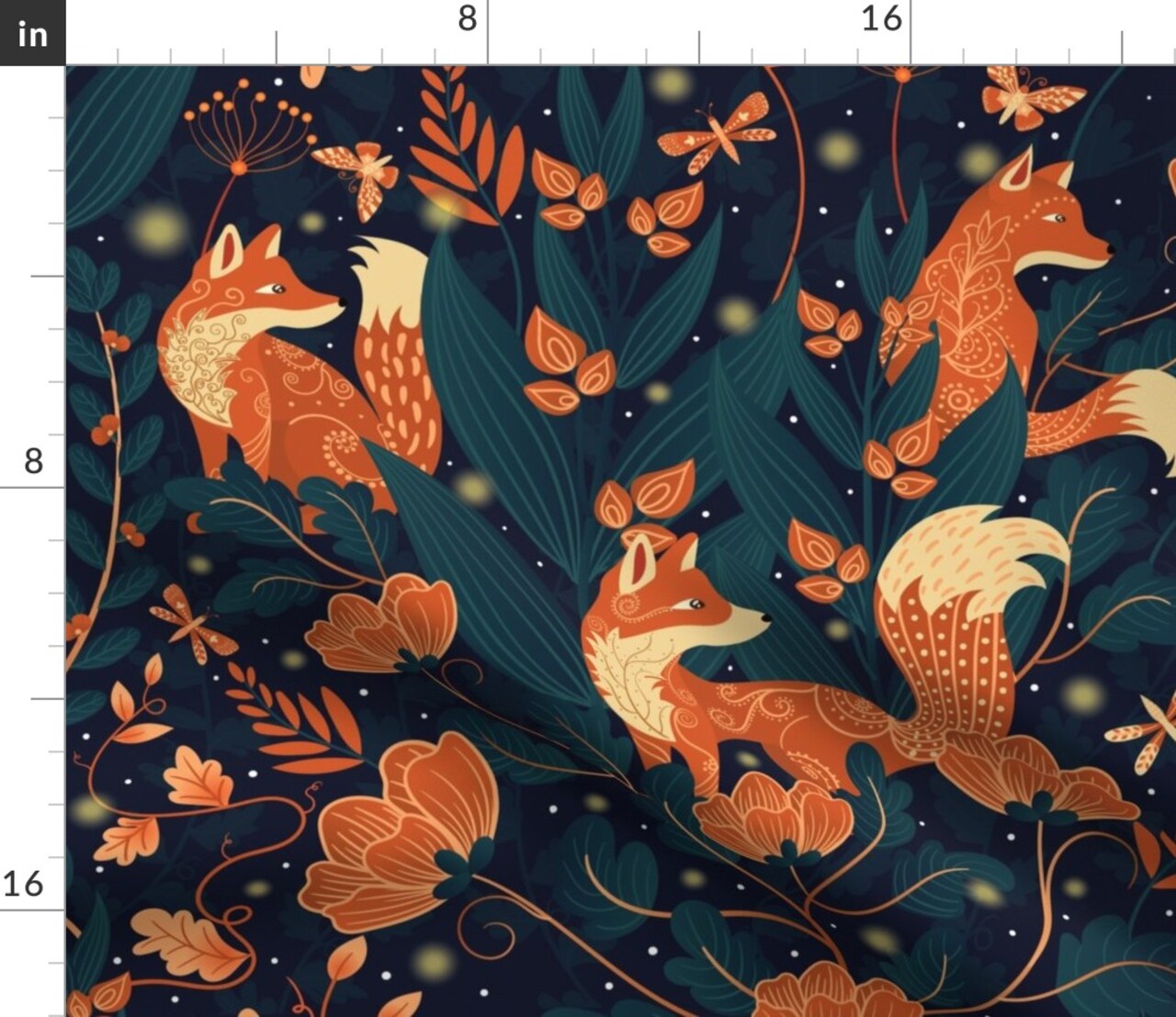 Whimsical Garden Orange Foxes Midnight Blue Firefly Fantasy Custom Printed Fabric by Spoonflower Various Fabrics by the Yard or Fat Quarter
